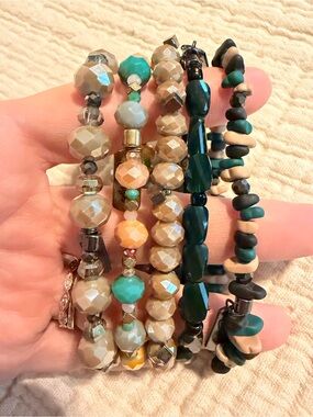 Ermish Extended SizeNeutral Taupe and Teal Beaded Stackable Women's Bracelet Set